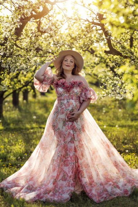 romantic floral maternity photoshoot dress Bonita in blooming garden