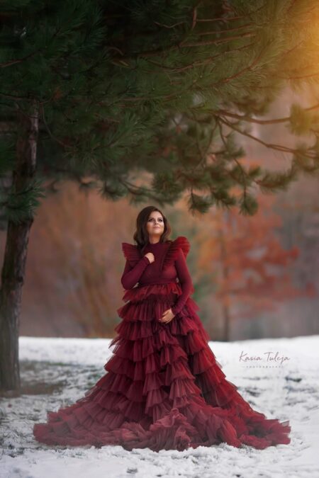 pregnant woman wearing layered ruffle maternity dress Covidia